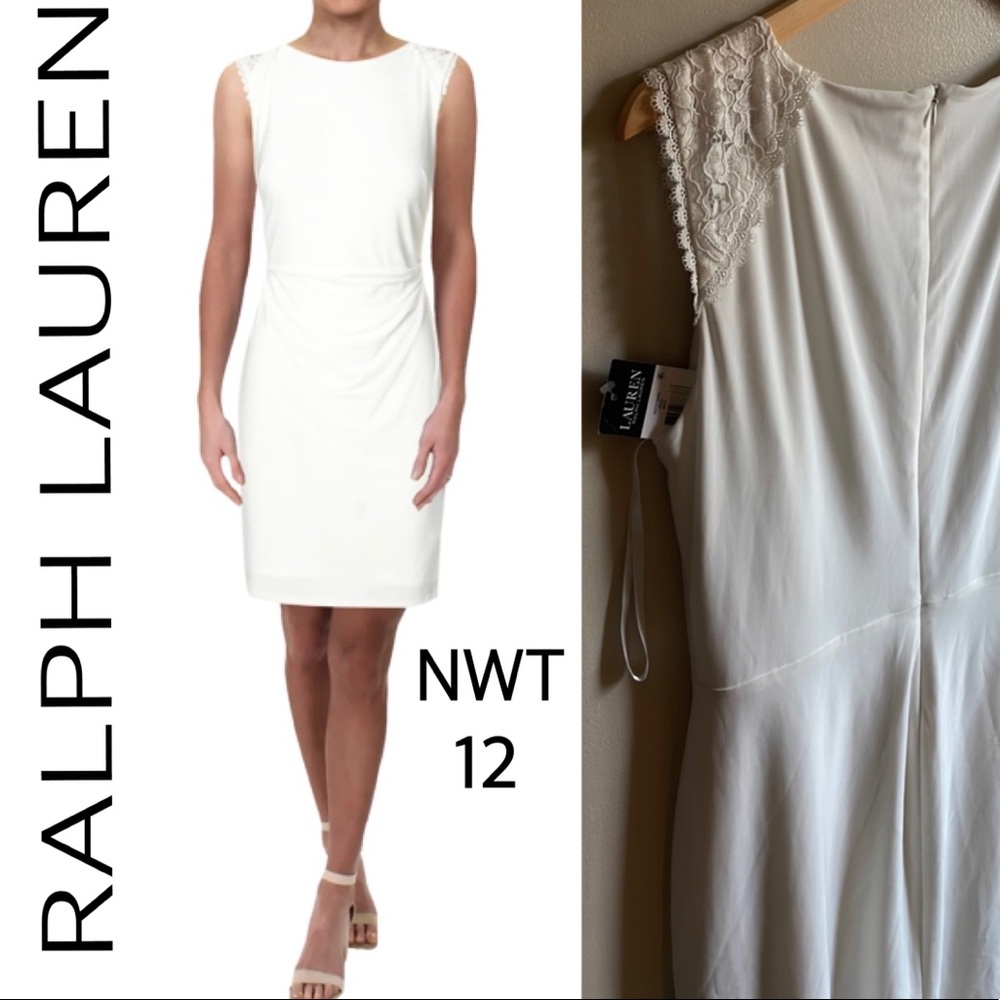 NWT (12) RALPH LAUREN white summer knee business lace inset cap sleeve crew neck